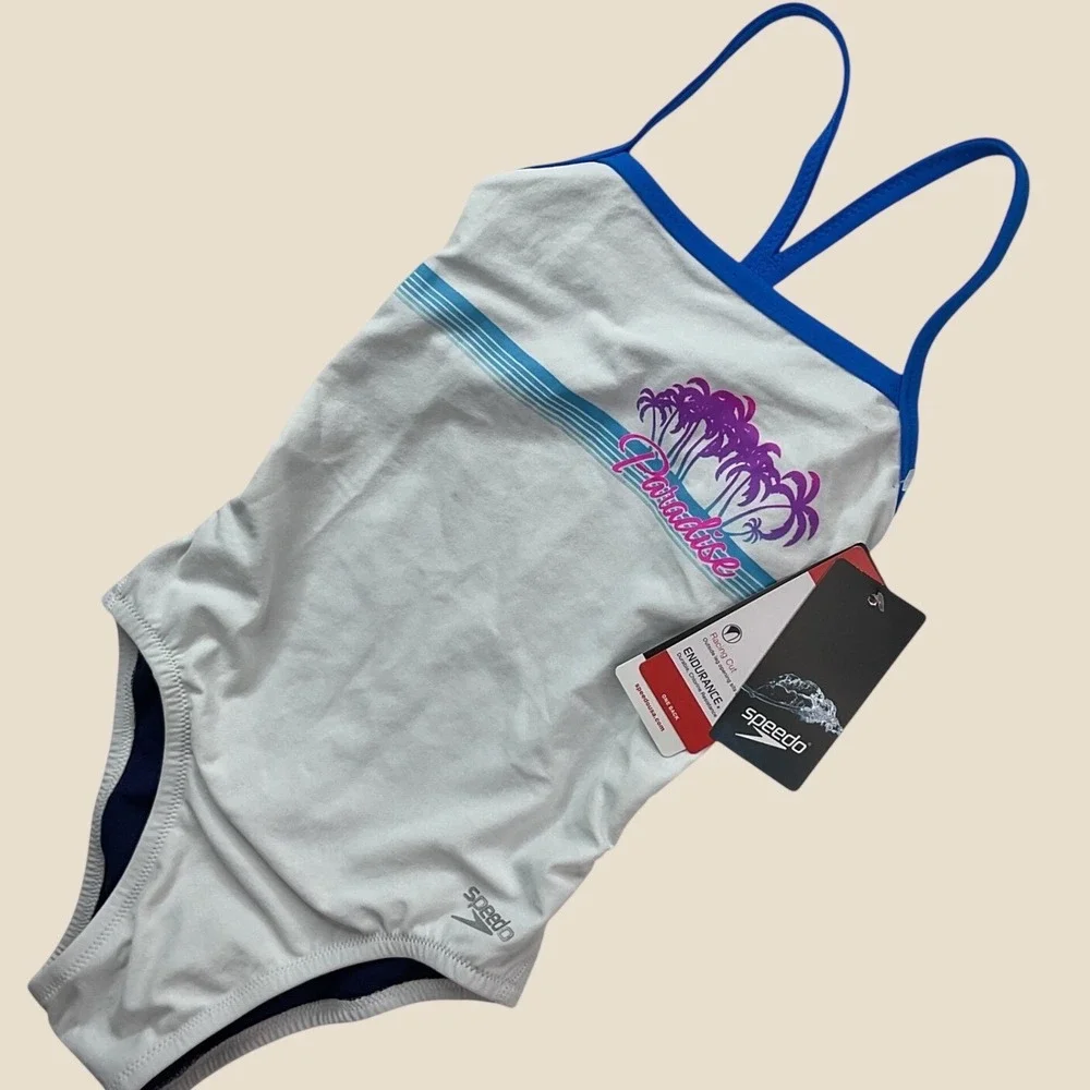 Speedo Kids Endurance+ Paradise One Piece Swimsuit White Blue Size 22 NWT